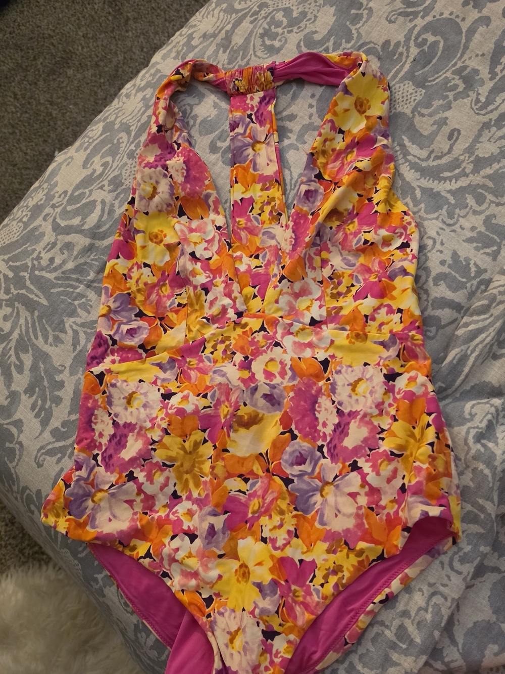 Paris Atelier Floral One-Piece Halter Swimsuit in Pink, Yellow & Purple